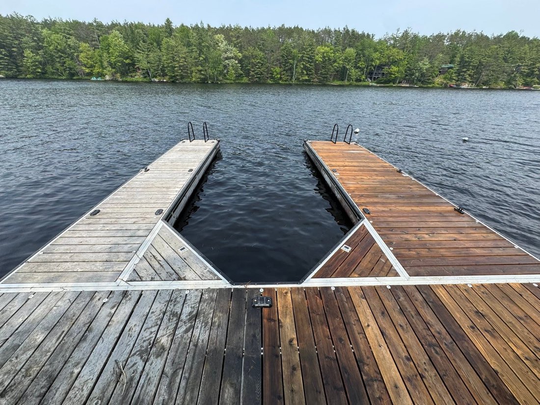 Restored wood dock, refinished side next to weathered side