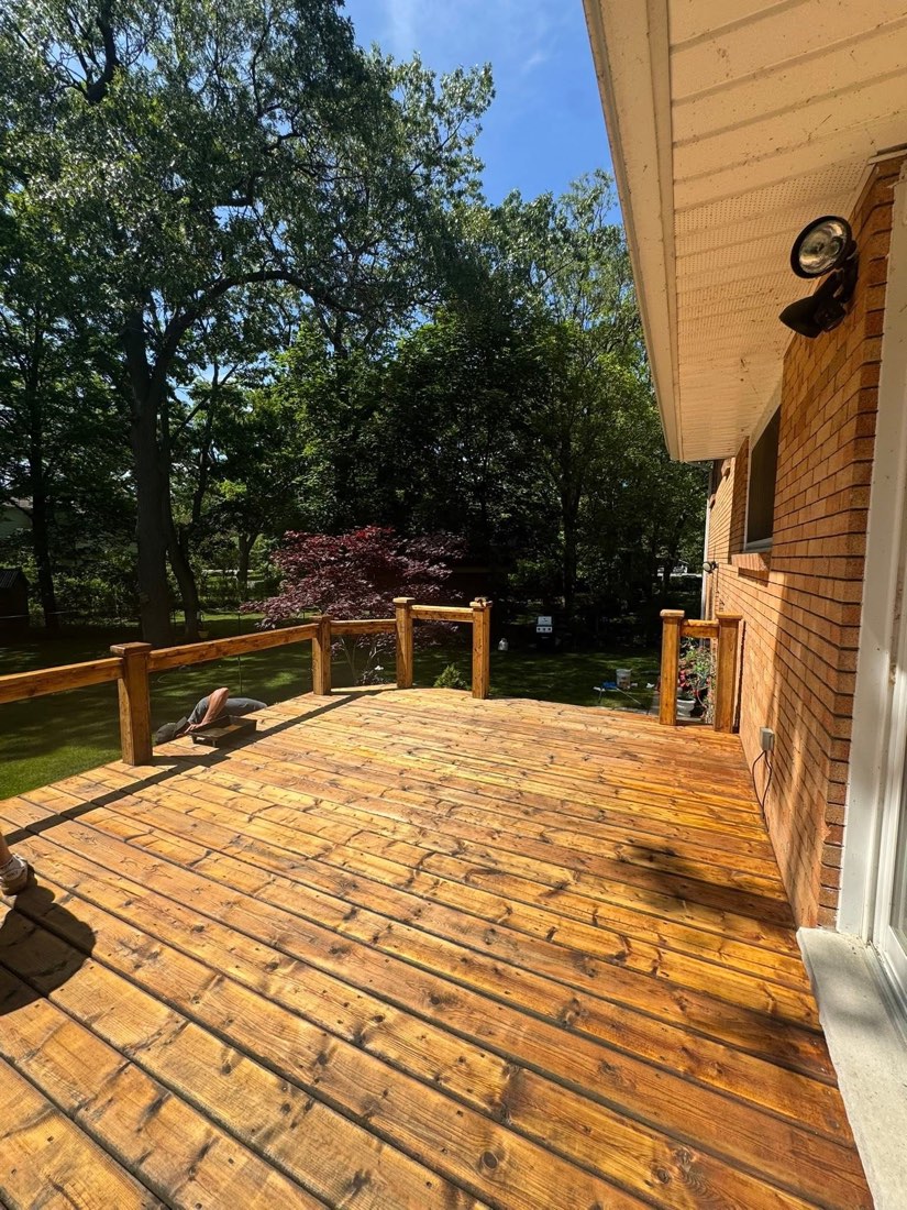 Freshly stained deck in a backyard