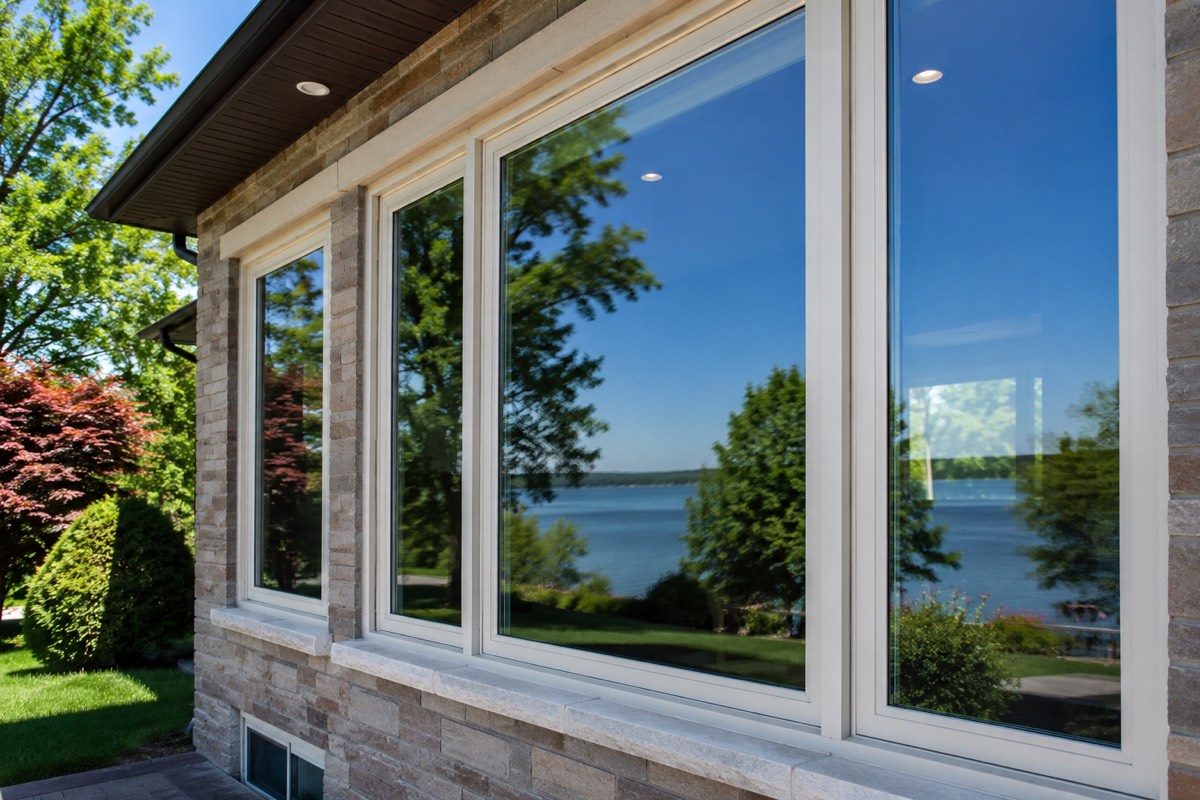 Clean, streak-free exterior windows with a lake view reflected in the glass